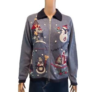 Vintage BP Designs Sz M Zip Up Christmas Patches Embroidery Ramie Rabbit Hair